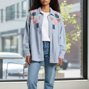 BOOM Vintage Western 90s Quilted Embroidered Patchwork Chambray Denim Blouse S